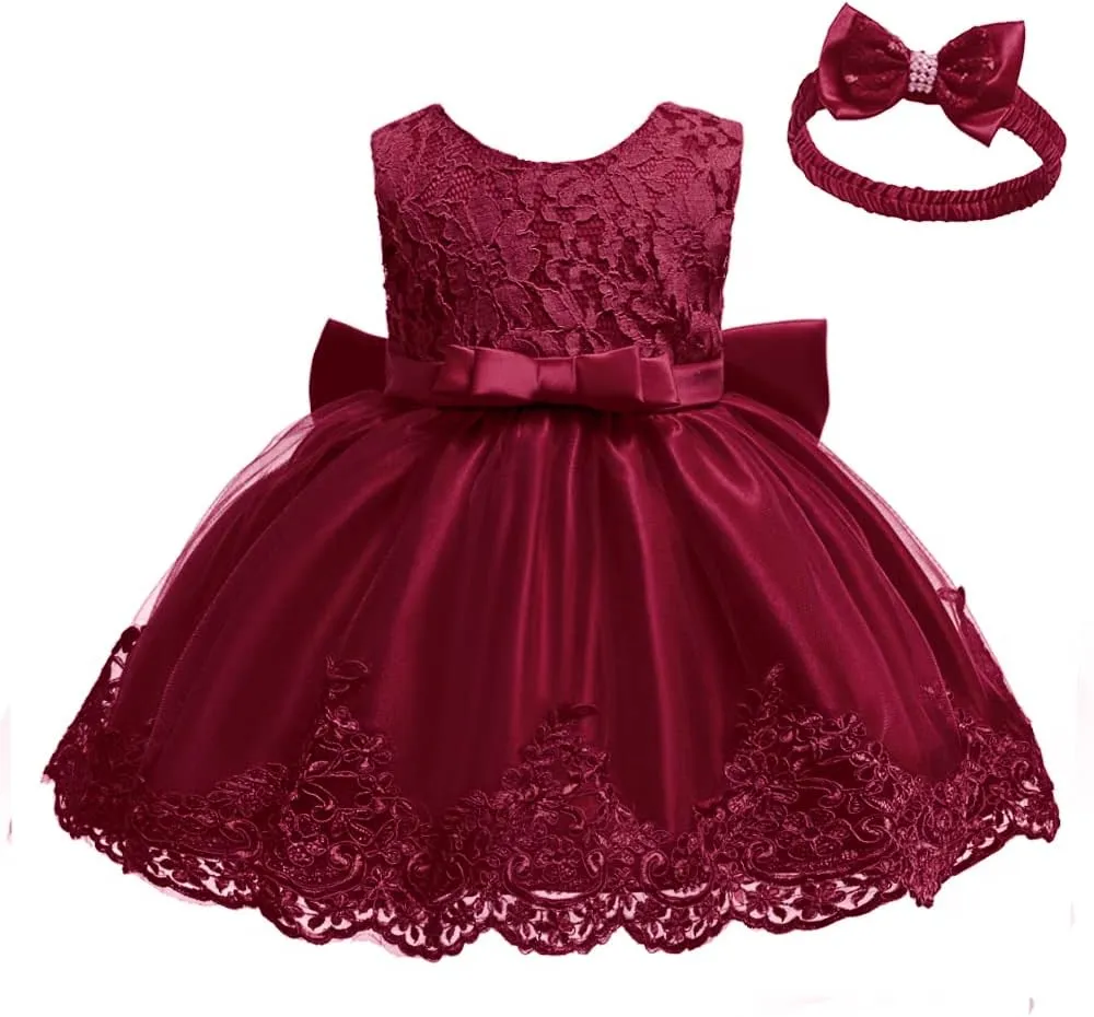 0-6T Baby Girl Party Dress Toddler Lace Embroideryr Evening Dresses with Headwear