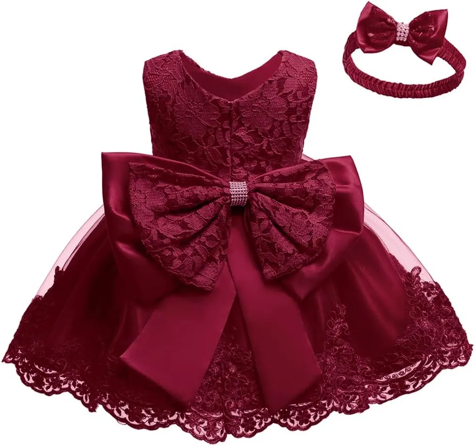 0-6T Baby Girl Party Dress Toddler Lace Embroideryr Evening Dresses with Headwear