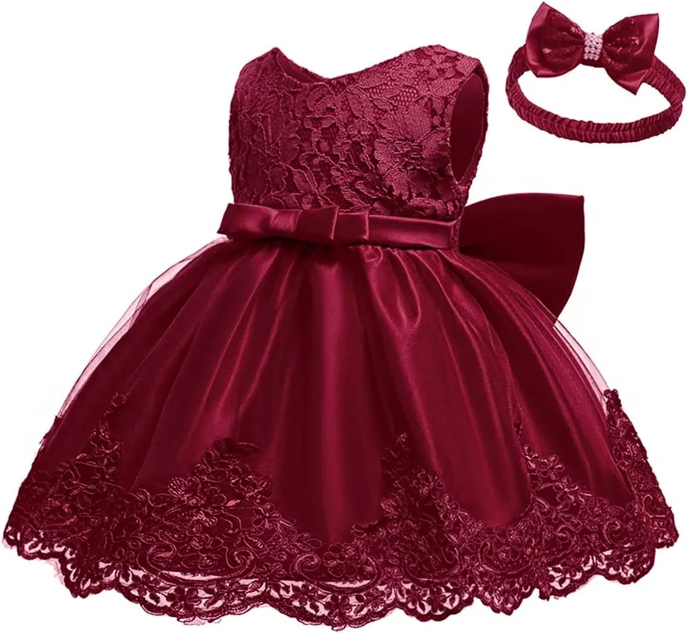 0-6T Baby Girl Party Dress Toddler Lace Embroideryr Evening Dresses with Headwear
