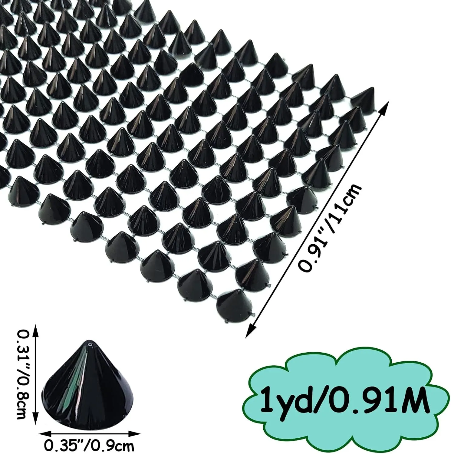 1 Yard Sew Stitch On Spike Stud Rivet Flat-Back Punk Rock Trim Ribbon mesh Bead Craft (Black)