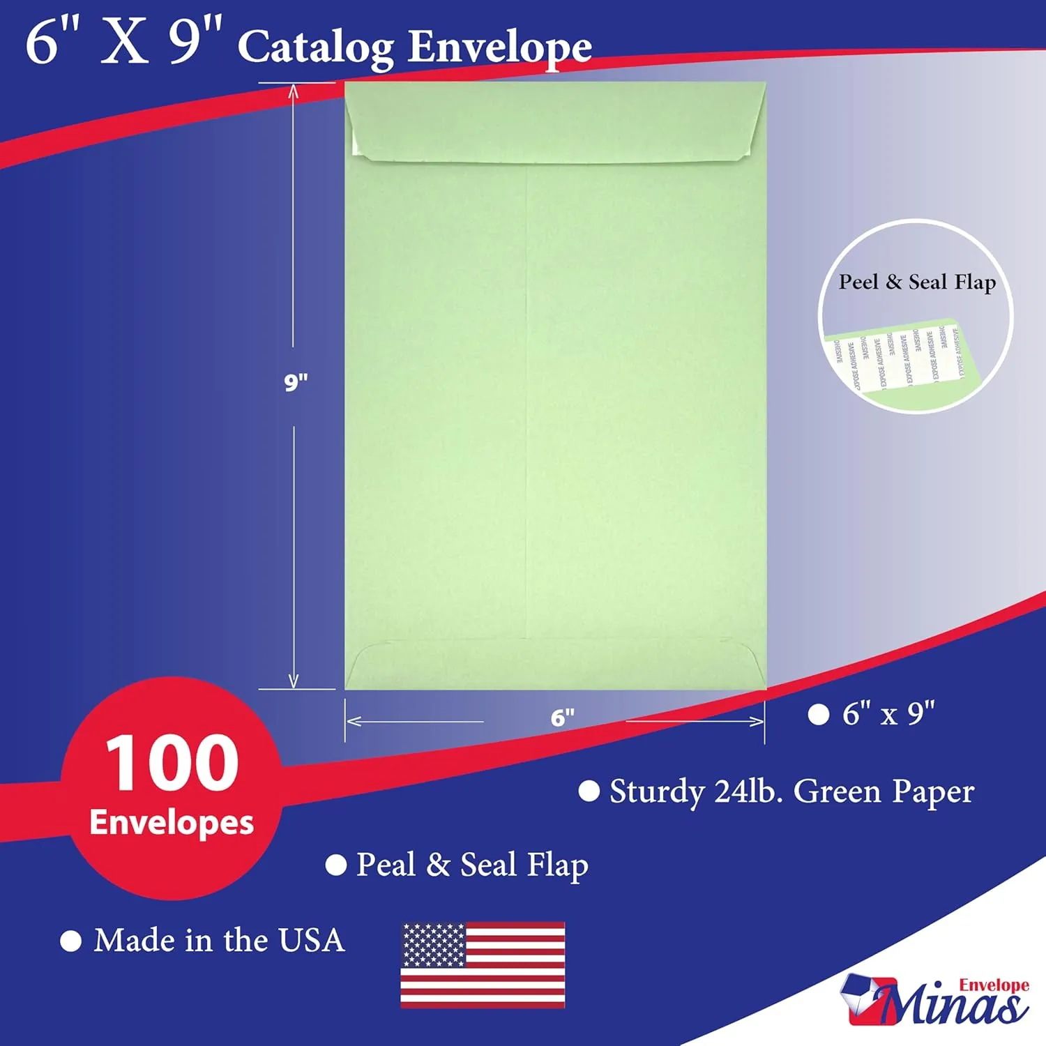 100 Minas Envelope 6" x 9" Catalog Envelopes, Peel & Seal Flap, Sturdy 24lb. Paper, 100 Count (Green)