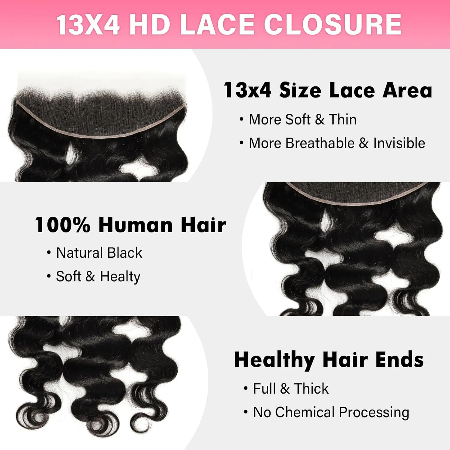 13x4 0.095mm Ultra-Thin Skinlike Real HD Lace Frontal & Closure,Body Wave Natural Hairstyles,Pre-Plucked Invisible Hairline,Unprocessed Virgin Human Hair,Invisible Knots HD Lace,16inch