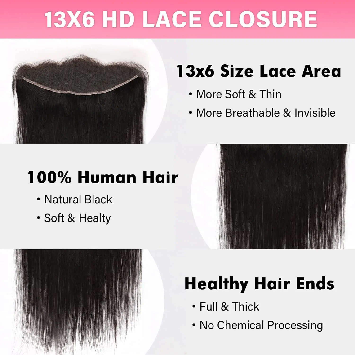 13x4 0.095mm Ultra-Thin Skinlike Real HD Lace Frontal & Closure,Straight Natural Hairstyles,Pre-Plucked Invisible Hairline,Unprocessed Virgin Human Hair,Invisible Knots HD Lace,16inch