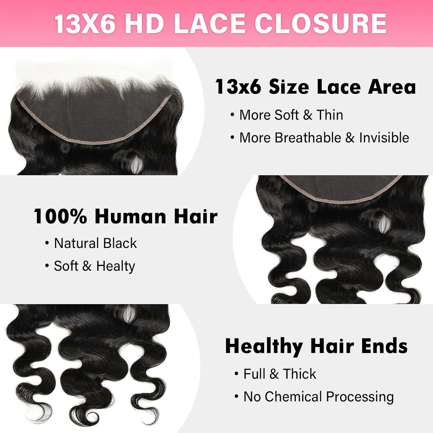 13x6 0.095mm Ultra-Thin Skinlike Real HD Lace Frontal & Closure,Body Wave Natural Hairstyles,Pre-Plucked Invisible Hairline,Unprocessed Virgin Human Hair,Invisible Knots HD Lace,16inch
