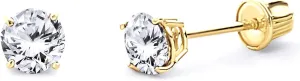 14k Yellow Gold 4mm Round Solitaire Basket Set Stud Earrings with Screw Back - 12 Different Color Available