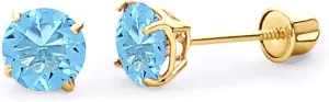 14k Yellow Gold 5mm Round Solitaire Basket Set Stud Earrings with Screw Back - 12 Different Color Available