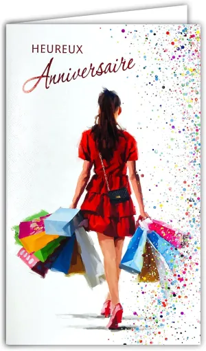15-6499 Happy Birthday Card with Envelope for Women Girls Beautiful Pretty Elegant Chic Who Loves Shopping Handbag Dress Red Heels – Made in Europe