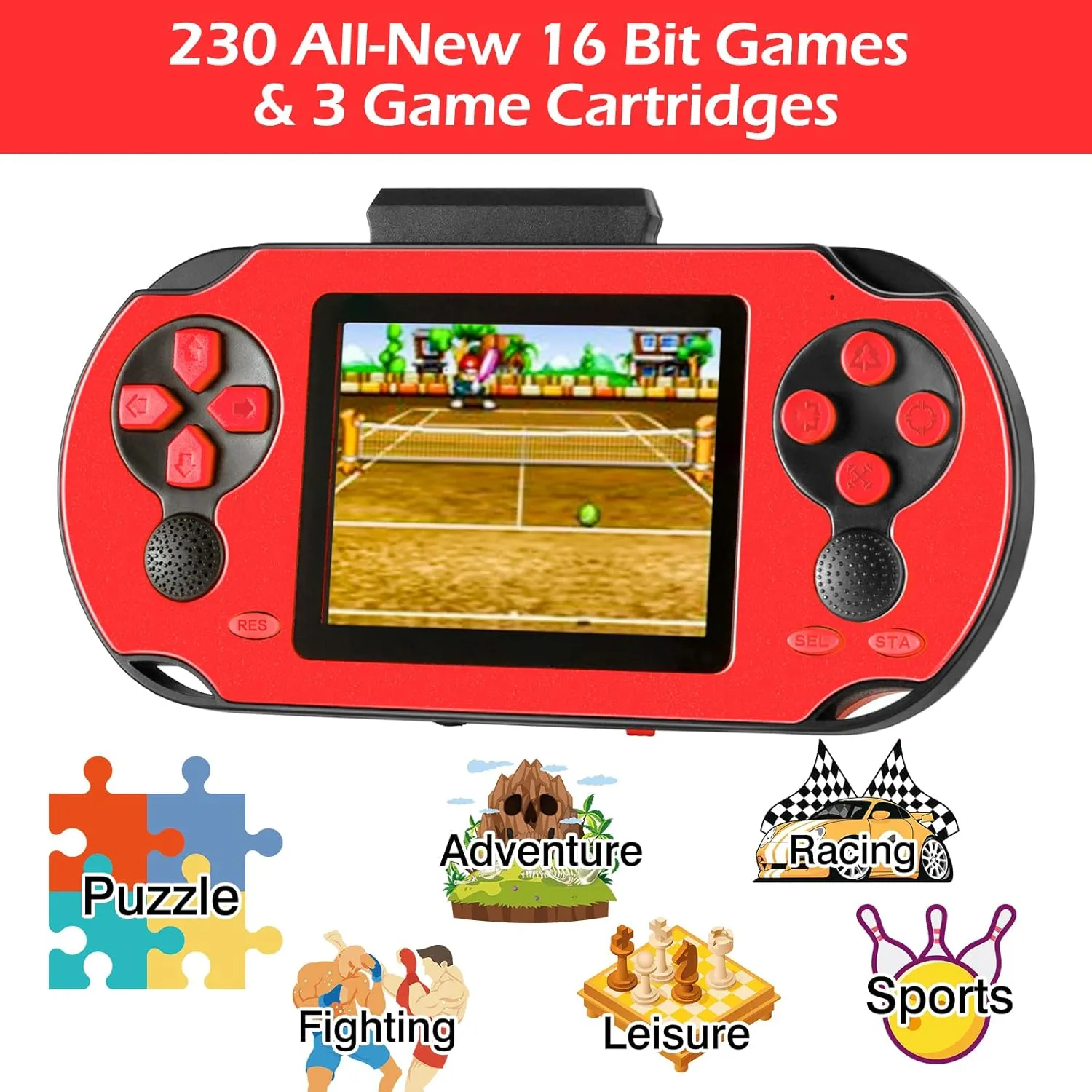 16 Bit Handheld Game for Kids Adults, 3.0'' Large Screen Preloaded 230 HD Classic Retro Video Games with USB Rechargeable Battery & 3 Game Cartridges for Birthday Gift for Kids 4-12 (Red)
