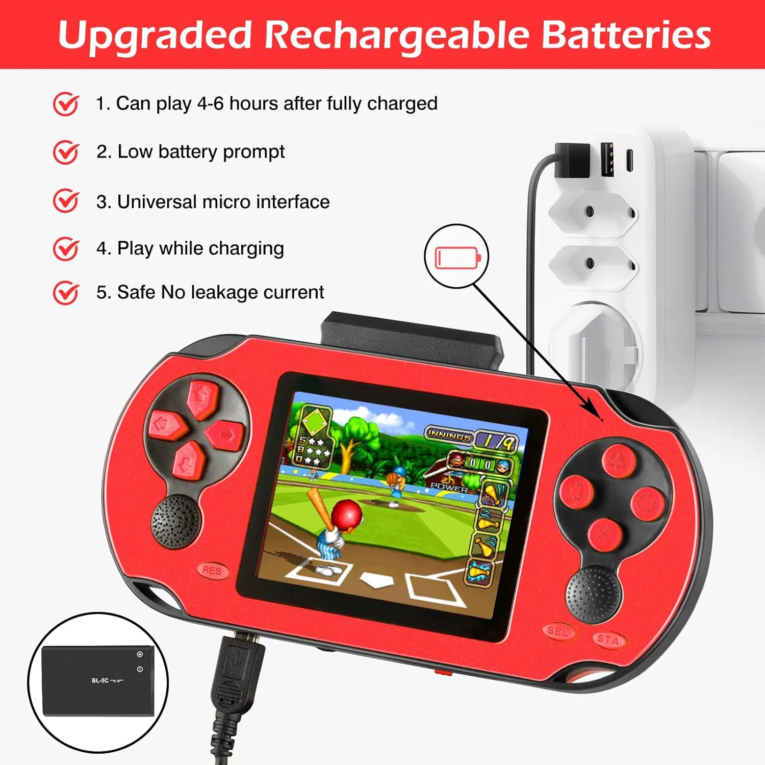 16 Bit Handheld Game for Kids Adults, 3.0'' Large Screen Preloaded 230 HD Classic Retro Video Games with USB Rechargeable Battery & 3 Game Cartridges for Birthday Gift for Kids 4-12 (Red)
