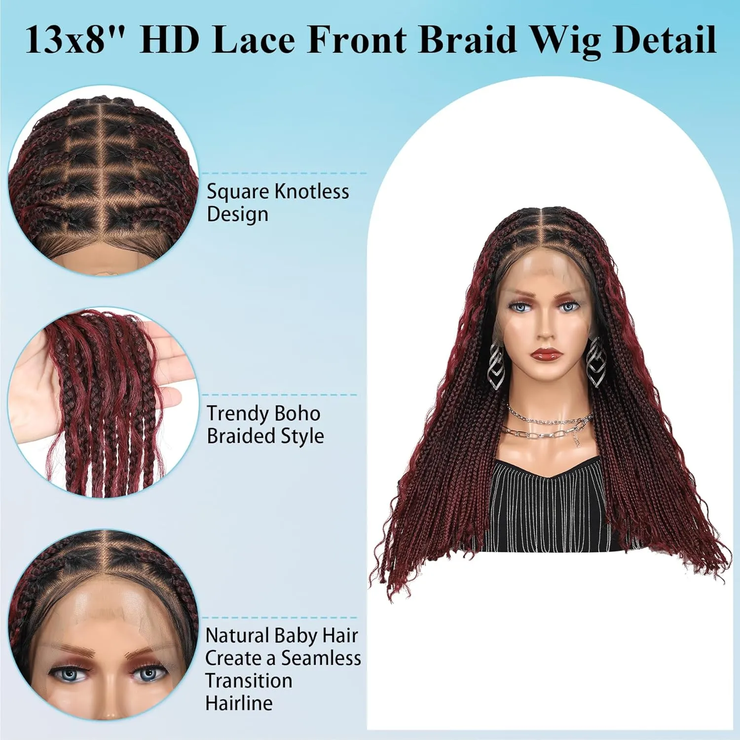 18" 13x8 Hd Lace Short Boho Braided Wigs for Black Women Full Lace Knotless Box Braid Wig Premium Synthetic Braid Lace Front Wig Burgundy
