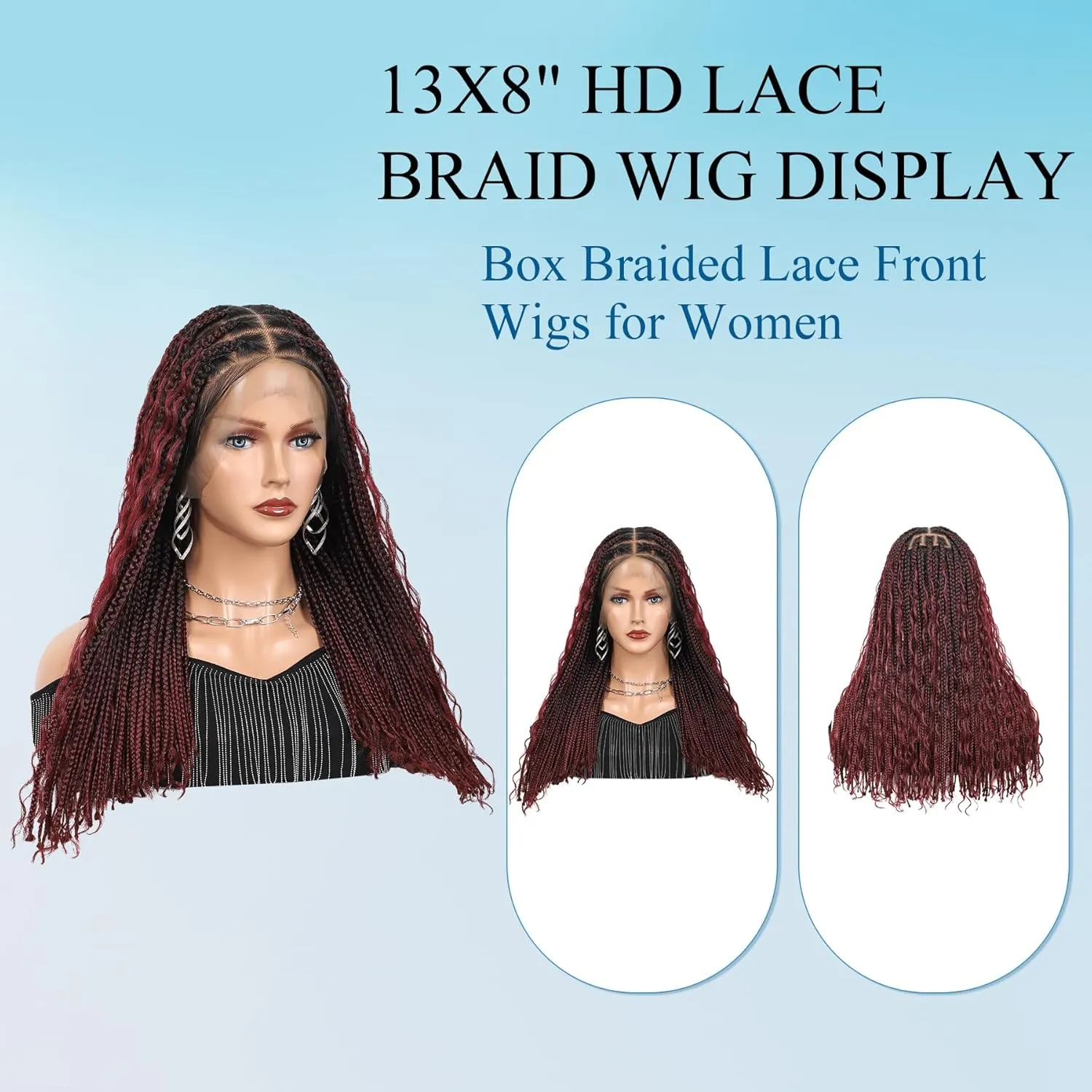18" 13x8 Hd Lace Short Boho Braided Wigs for Black Women Full Lace Knotless Box Braid Wig Premium Synthetic Braid Lace Front Wig Burgundy