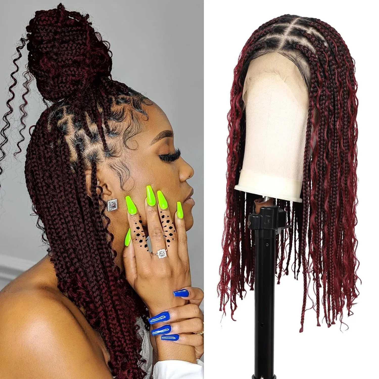 18" 13x8 Hd Lace Short Boho Braided Wigs for Black Women Full Lace Knotless Box Braid Wig Premium Synthetic Braid Lace Front Wig Burgundy