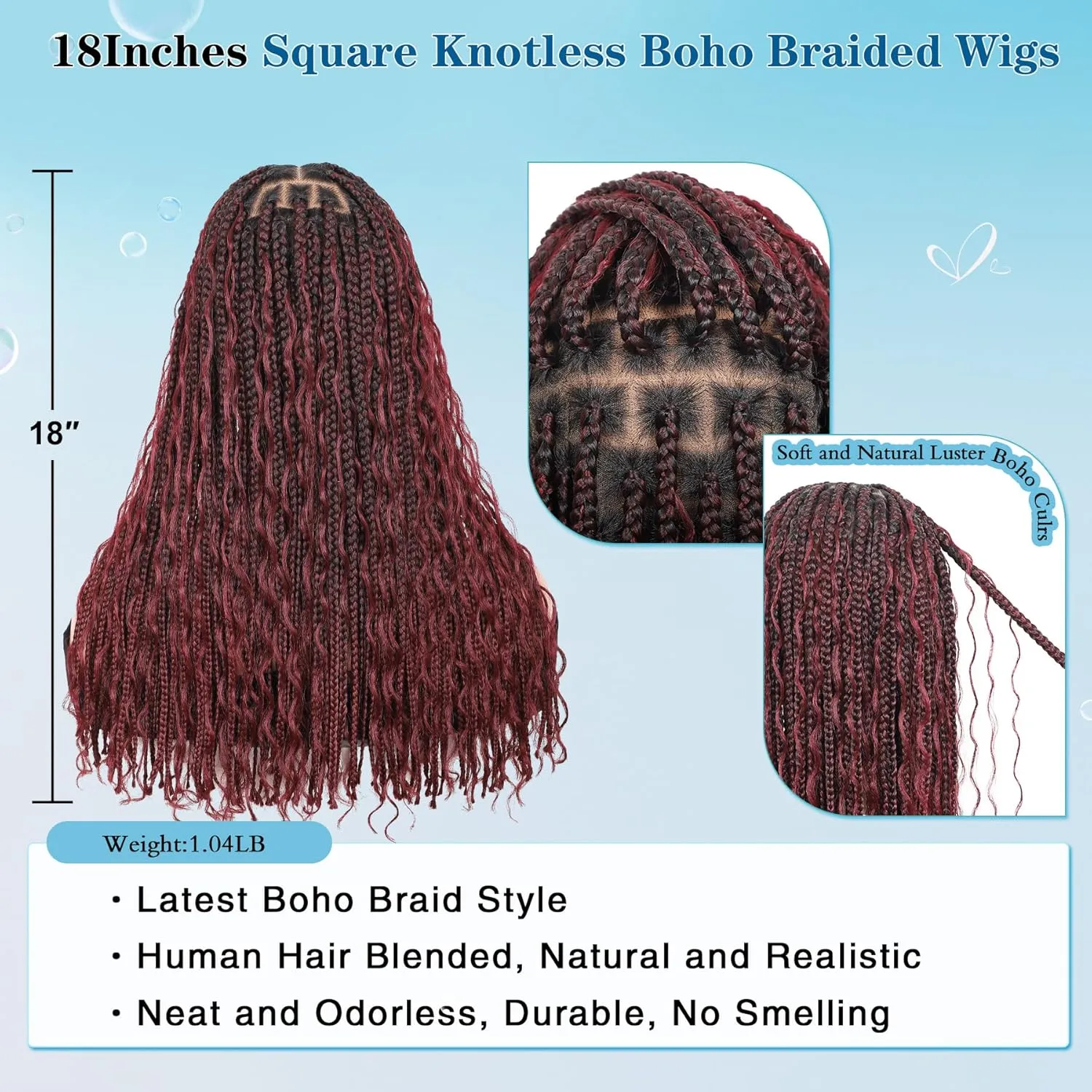 18" 13x8 Hd Lace Short Boho Braided Wigs for Black Women Full Lace Knotless Box Braid Wig Premium Synthetic Braid Lace Front Wig Burgundy