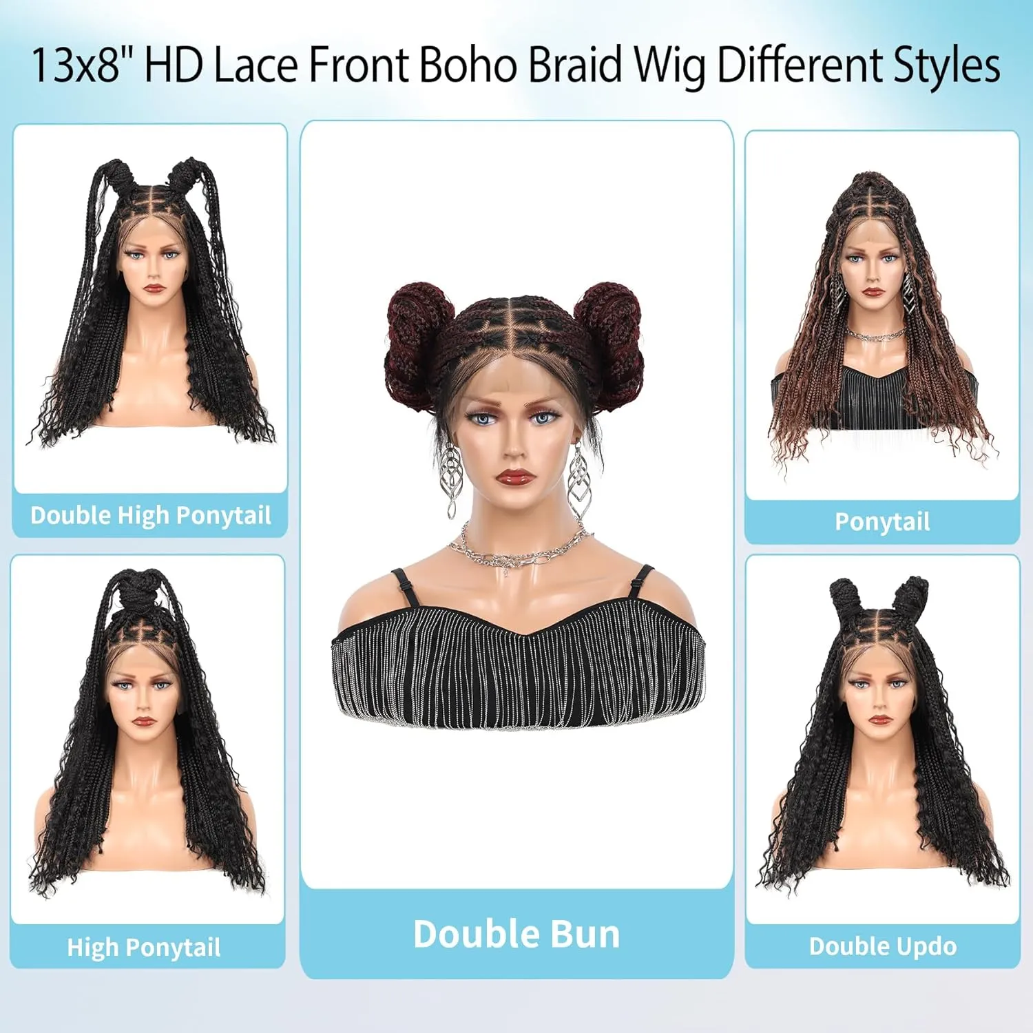 18" 13x8 Hd Lace Short Boho Braided Wigs for Black Women Full Lace Knotless Box Braid Wig Premium Synthetic Braid Lace Front Wig Burgundy