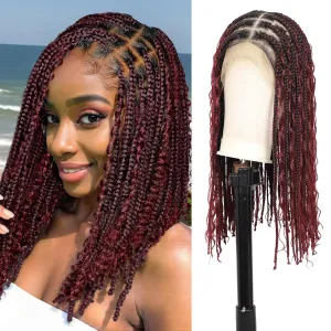 18" 13x8 Hd Lace Short Boho Braided Wigs for Black Women Full Lace Knotless Box Braid Wig Premium Synthetic Braid Lace Front Wig Burgundy
