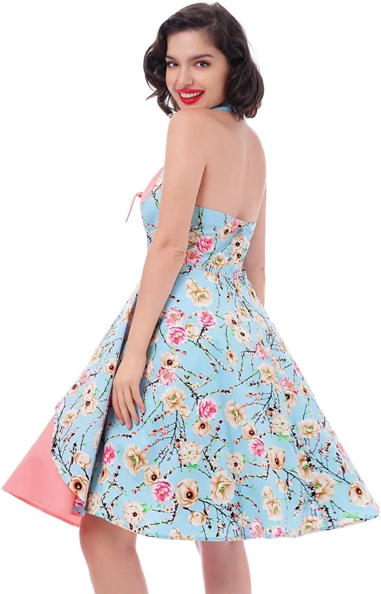 1950s Dresses for Women Vintage Halter Polka Dot Floral Print Swing A Line Midi Dress Cocktail Party Prom Gown
