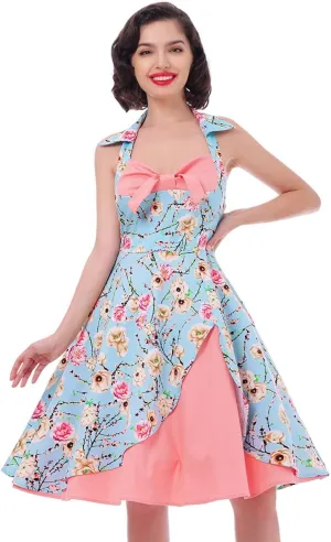 1950s Dresses for Women Vintage Halter Polka Dot Floral Print Swing A Line Midi Dress Cocktail Party Prom Gown