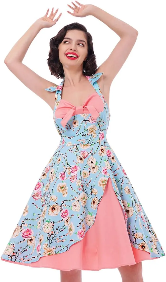 1950s Dresses for Women Vintage Halter Polka Dot Floral Print Swing A Line Midi Dress Cocktail Party Prom Gown