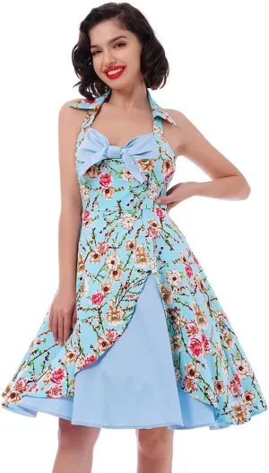 1950s Dresses for Women Vintage Halter Polka Dot Floral Print Swing A Line Midi Dress Cocktail Party Prom Gown