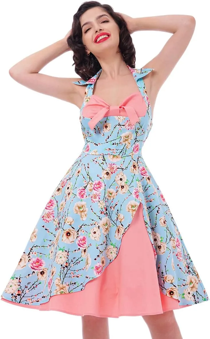 1950s Dresses for Women Vintage Halter Polka Dot Floral Print Swing A Line Midi Dress Cocktail Party Prom Gown