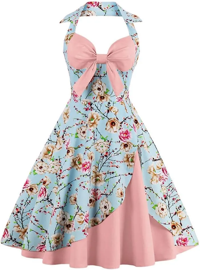 1950s Dresses for Women Vintage Halter Polka Dot Floral Print Swing A Line Midi Dress Cocktail Party Prom Gown
