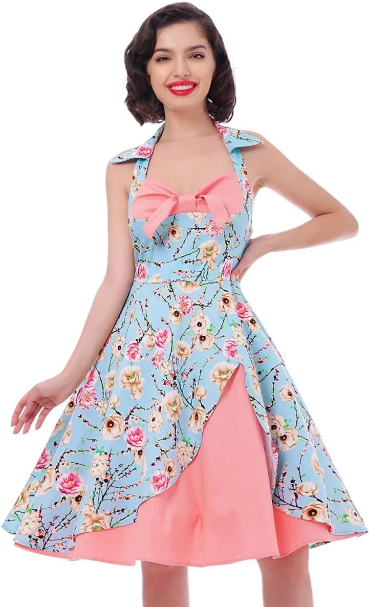 1950s Dresses for Women Vintage Halter Polka Dot Floral Print Swing A Line Midi Dress Cocktail Party Prom Gown