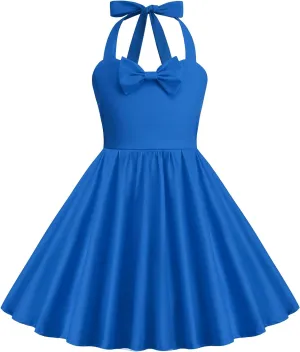 1950s Vintage Dresses for Girls Halter Dress Sleeveless Bowknot Heart Neck 4-12 Years