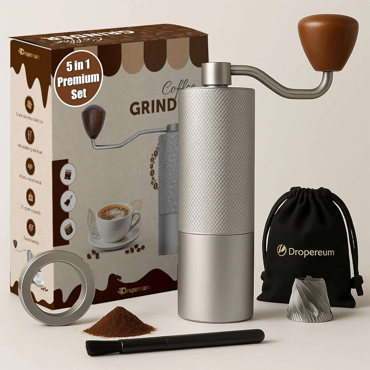 25G CNC 420 Coffee Grinder Manual with Funnel, Brush, Air & Nylon Carry Bag | 6 Star Conical Coffee Burr Grinder with Double Bearings | Walnut Aluminum Espresso Grinder with Numerical Settings
