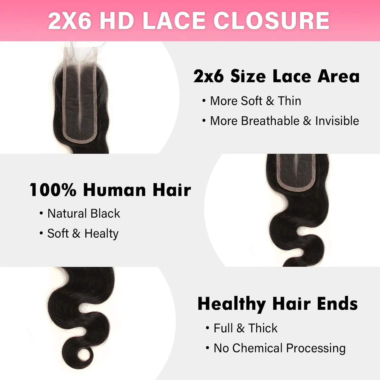 2x6 0.095mm Ultra-Thin Skinlike Real HD Lace Frontal & Closure,Body Wave Natural Hairstyles,Pre-Plucked Invisible Hairline,Unprocessed Virgin Human Hair,Invisible Knots HD Lace,16inch
