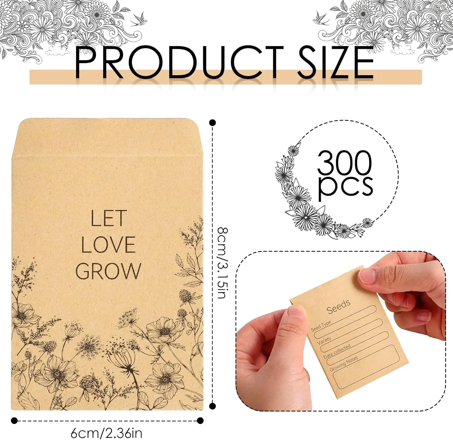 300 Pieces Seed Envelopes 3.15 x 2.36in Seed Packets Envelope with Preprinted Small Envelope Collecting Template for Flower Vegetable Seeds Storage