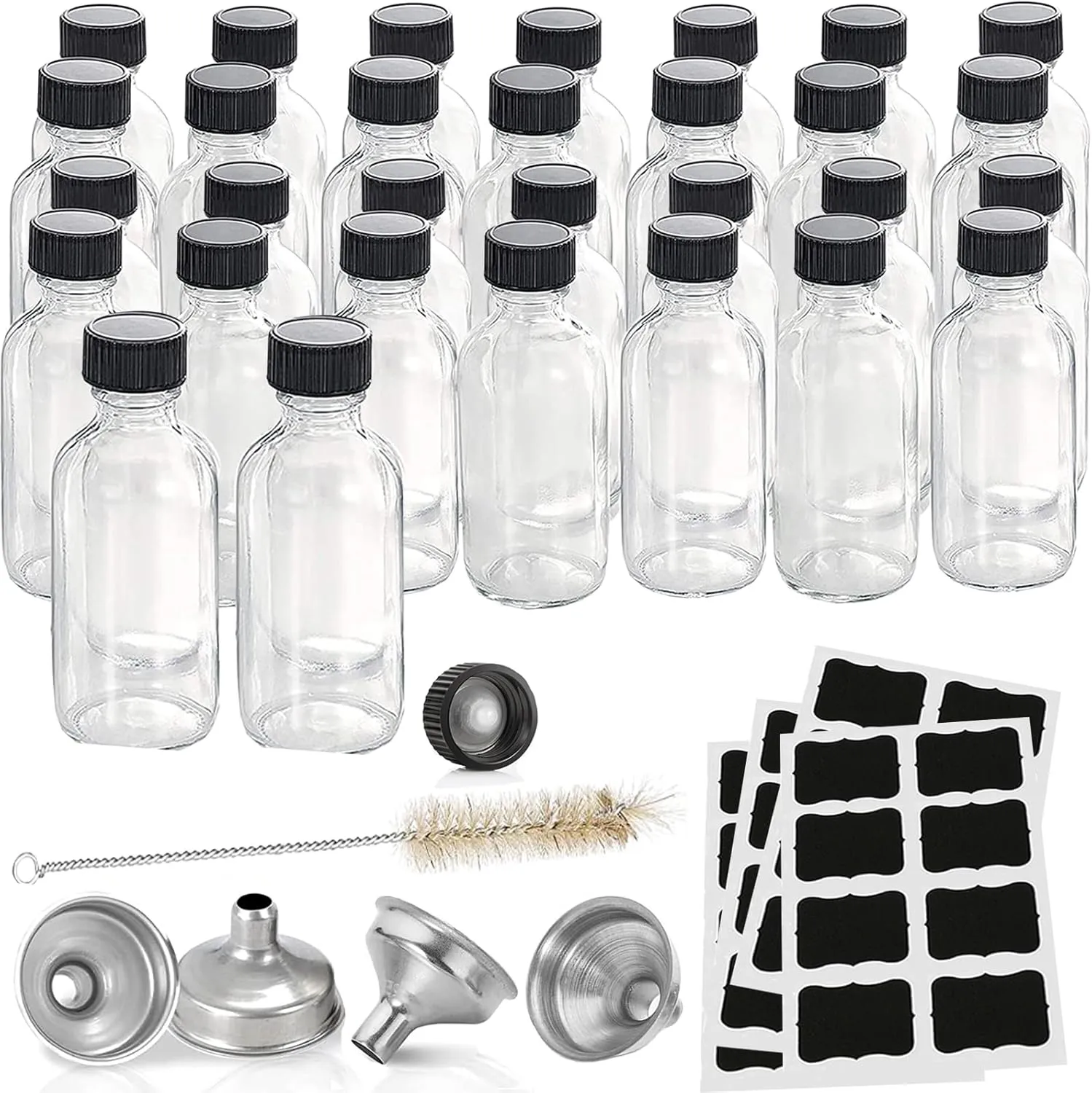 30Pack Shot Bottles with Caps,2 Oz Bourbon Sample Bottles,Ginger Beverage Bottle,60ml Small Shot Glasses with Funnels,Labels,for Making Vanilla Extract Tincture Potion Ginger Whiskey Oils