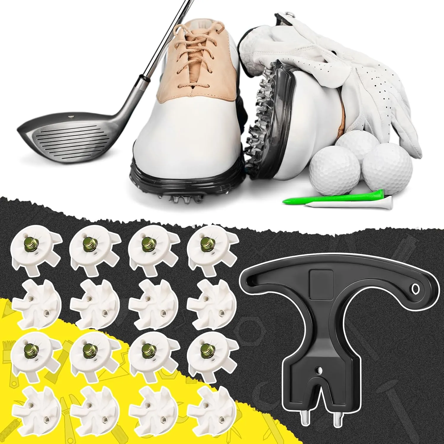 31 Pcs Golf Spikes Set Includes 30 Pcs Golf Cleats Replacement Black Golf Cleats Spanner Metal Thread Screw 6 mm Dia Golf Spike Tool for Lawn Cricket Shoe Golf Player Lover (White)