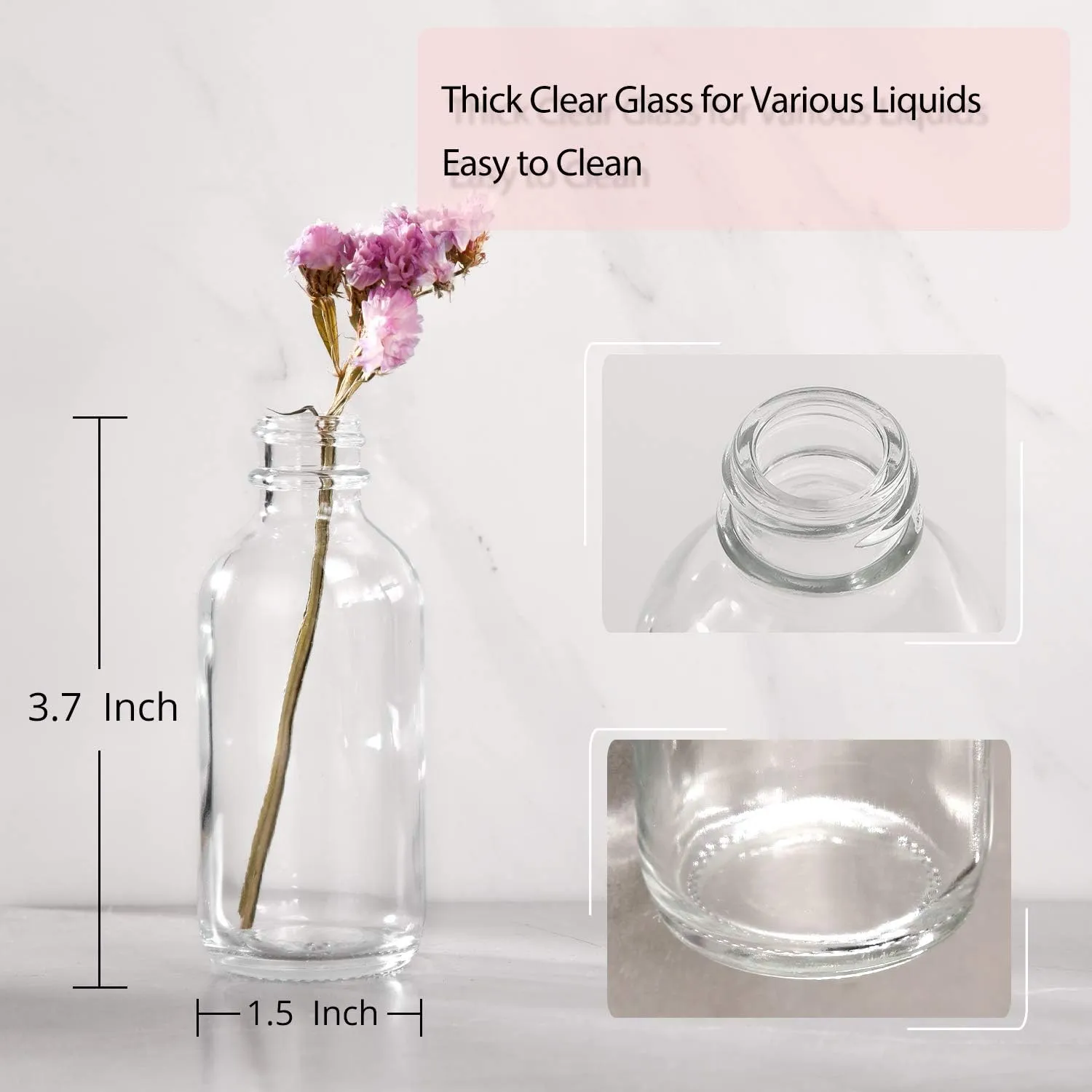 36 Pack, 2 oz Small Clear Glass Bottles w/ Lid & 6 Stainless Steel Funnels - 60ml Boston Sample Bottles - Mini Travel Essential or Decorative Bottles for Potion, Juice, Wellness, Ginger Shots, Whiskey