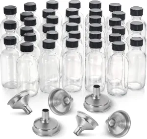 36 Pack, 2 oz Small Clear Glass Bottles w/ Lid & 6 Stainless Steel Funnels - 60ml Boston Sample Bottles - Mini Travel Essential or Decorative Bottles for Potion, Juice, Wellness, Ginger Shots, Whiskey