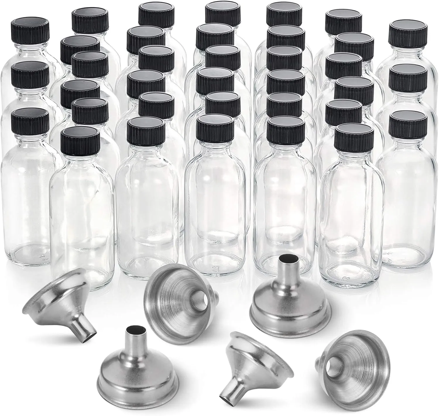 36 Pack, 2 oz Small Clear Glass Bottles w/ Lid & 6 Stainless Steel Funnels - 60ml Boston Sample Bottles - Mini Travel Essential or Decorative Bottles for Potion, Juice, Wellness, Ginger Shots, Whiskey