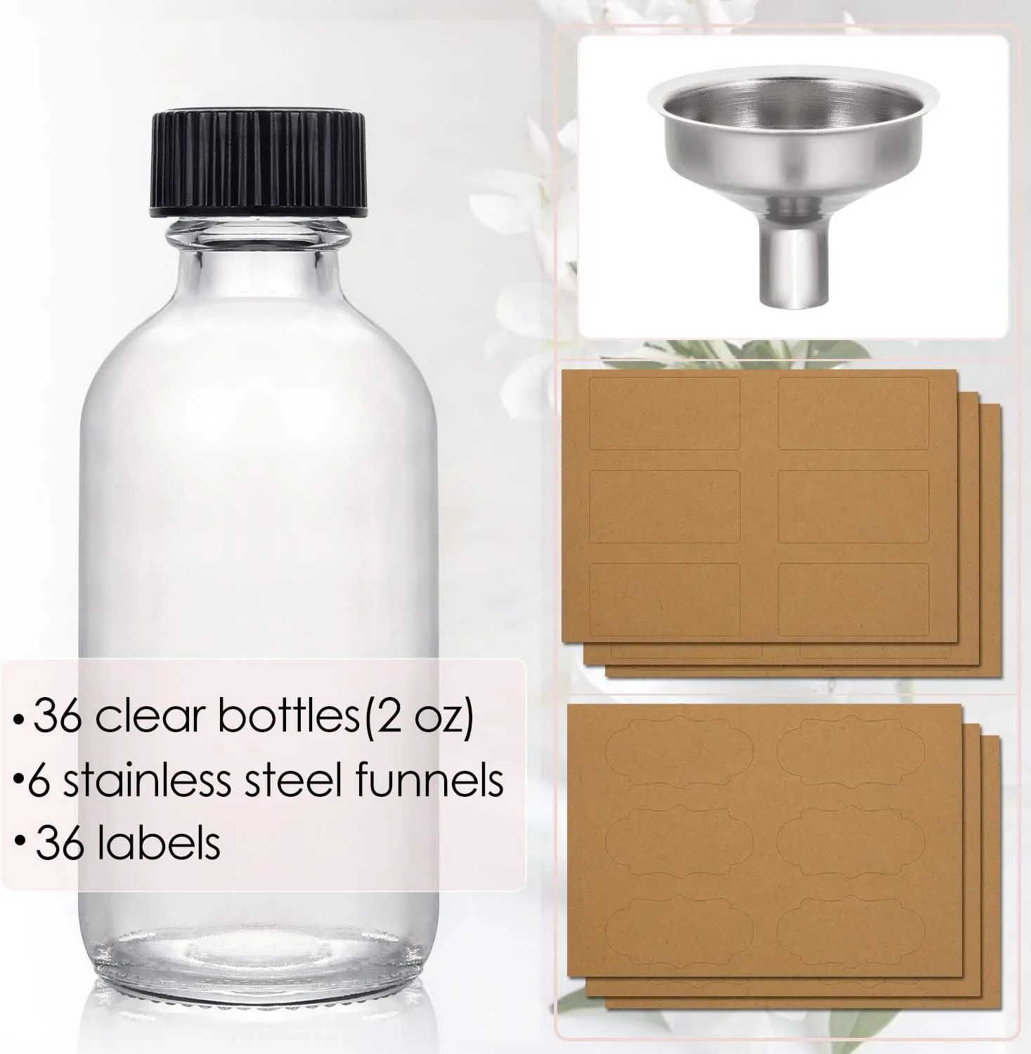 36 Pack, 2 oz Small Clear Glass Bottles w/ Lid & 6 Stainless Steel Funnels - 60ml Boston Sample Bottles - Mini Travel Essential or Decorative Bottles for Potion, Juice, Wellness, Ginger Shots, Whiskey
