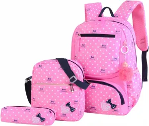 3Pcs Kids Backpack Bowknot Printed Daypack Girls 3 in 1 School Bag with Shoulder Bag and Pencil Bag