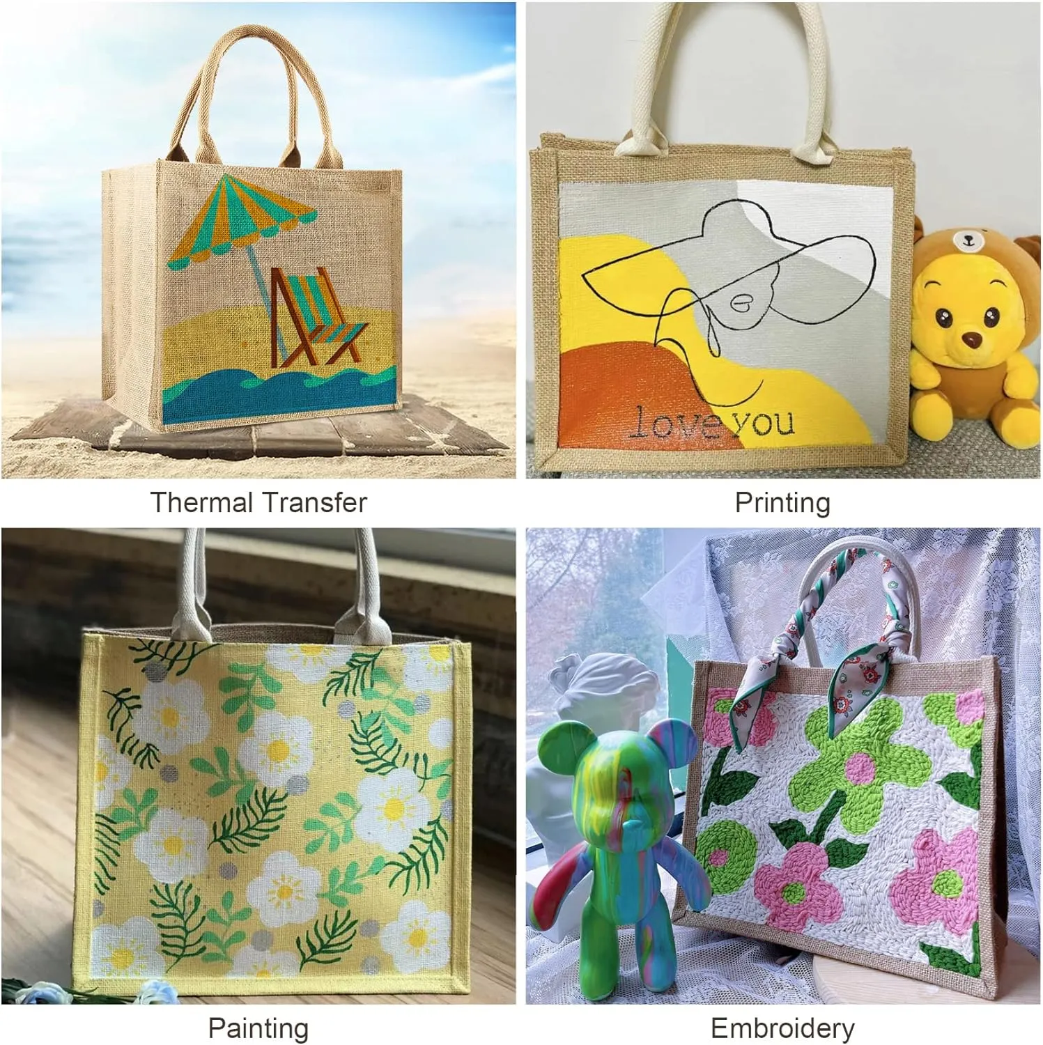5 Pack Burlap Tote Bags Bulk, Reusable Jute Tote Bag with 7Yd Ribbon Blank Burlap Gift Bag with Handle Waterproof Beach Tote Bag for Bachelorette Gift Bags 12.2''x10.6''x6.3''