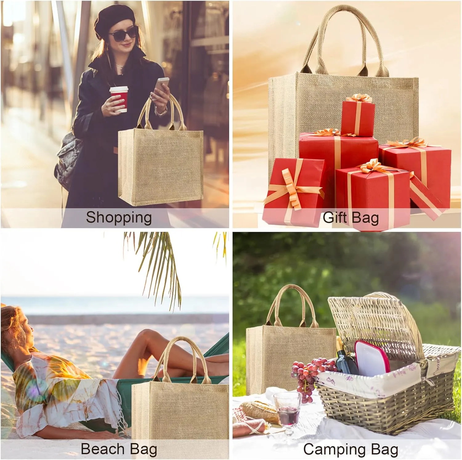 5 Pack Burlap Tote Bags Bulk, Reusable Jute Tote Bag with 7Yd Ribbon Blank Burlap Gift Bag with Handle Waterproof Beach Tote Bag for Bachelorette Gift Bags 12.2''x10.6''x6.3''