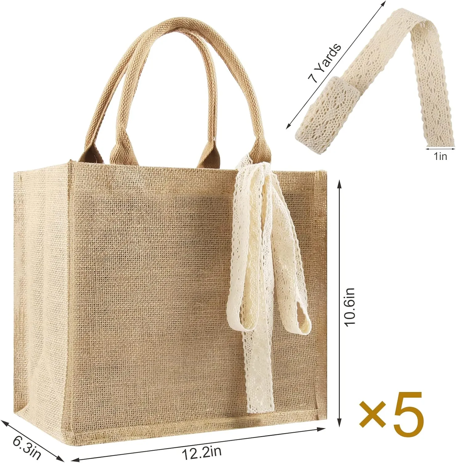 5 Pack Burlap Tote Bags Bulk, Reusable Jute Tote Bag with 7Yd Ribbon Blank Burlap Gift Bag with Handle Waterproof Beach Tote Bag for Bachelorette Gift Bags 12.2''x10.6''x6.3''
