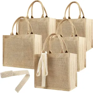 5 Pack Burlap Tote Bags Bulk, Reusable Jute Tote Bag with 7Yd Ribbon Blank Burlap Gift Bag with Handle Waterproof Beach Tote Bag for Bachelorette Gift Bags 12.2''x10.6''x6.3''