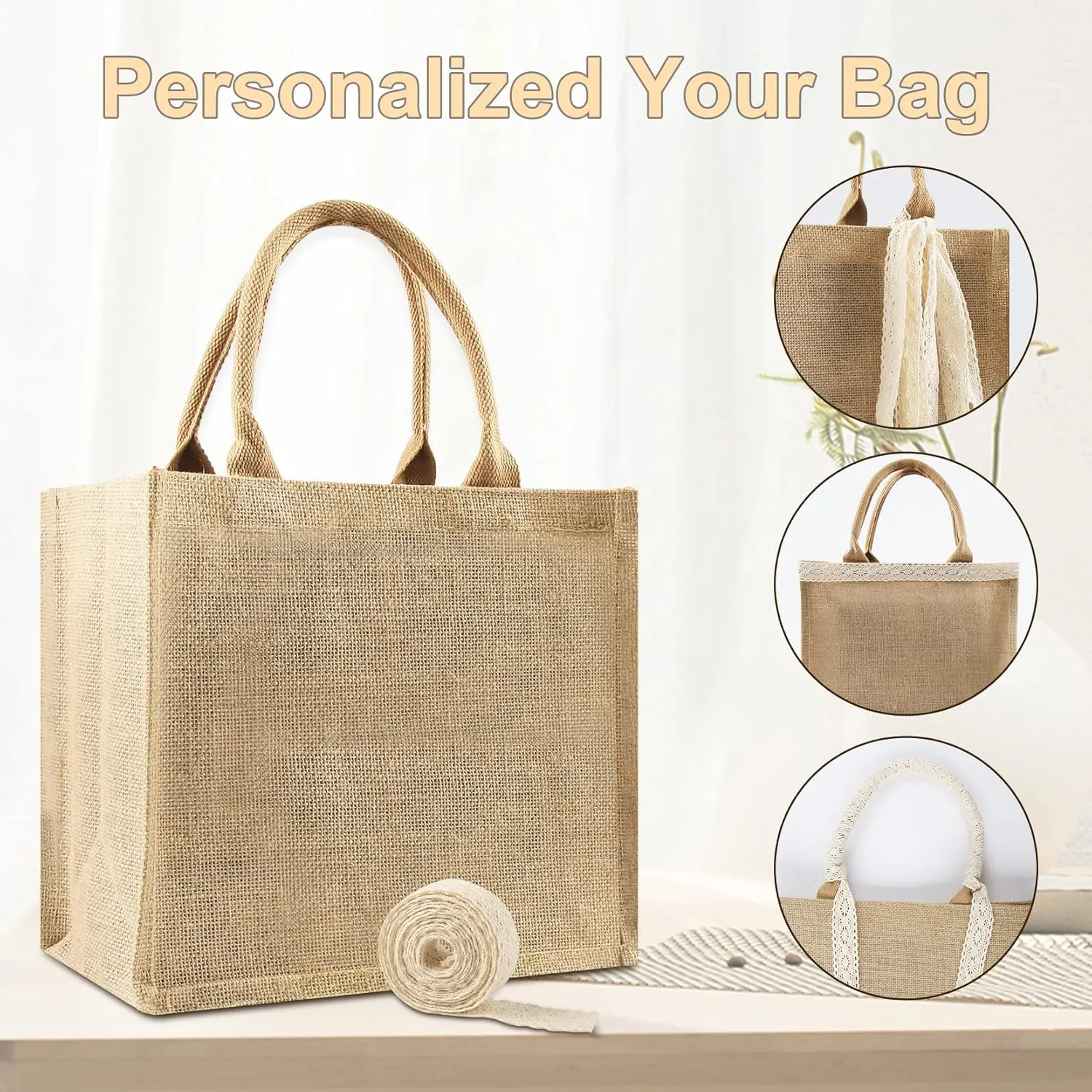 5 Pack Burlap Tote Bags Bulk, Reusable Jute Tote Bag with 7Yd Ribbon Blank Burlap Gift Bag with Handle Waterproof Beach Tote Bag for Bachelorette Gift Bags 12.2''x10.6''x6.3''