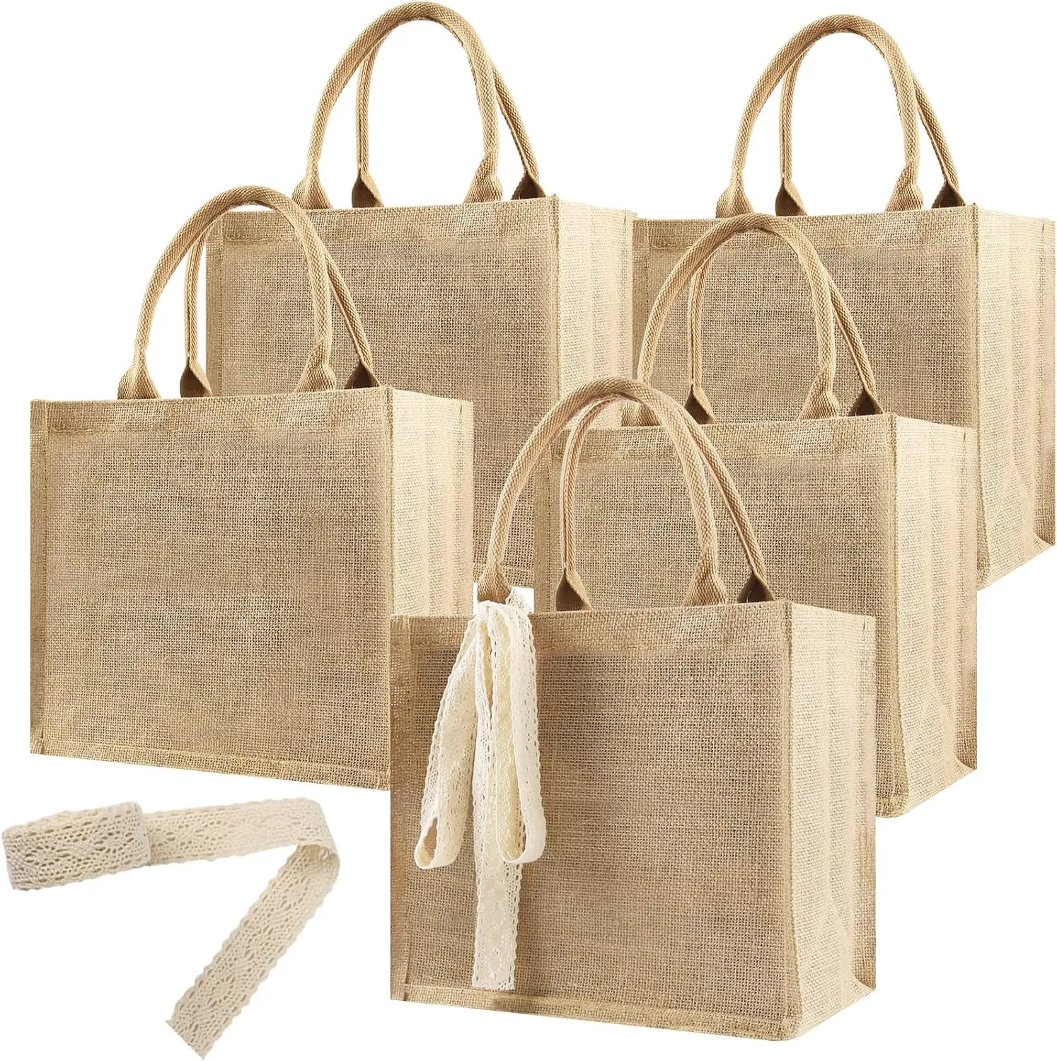 5 Pack Burlap Tote Bags Bulk, Reusable Jute Tote Bag with 7Yd Ribbon Blank Burlap Gift Bag with Handle Waterproof Beach Tote Bag for Bachelorette Gift Bags 12.2''x10.6''x6.3''