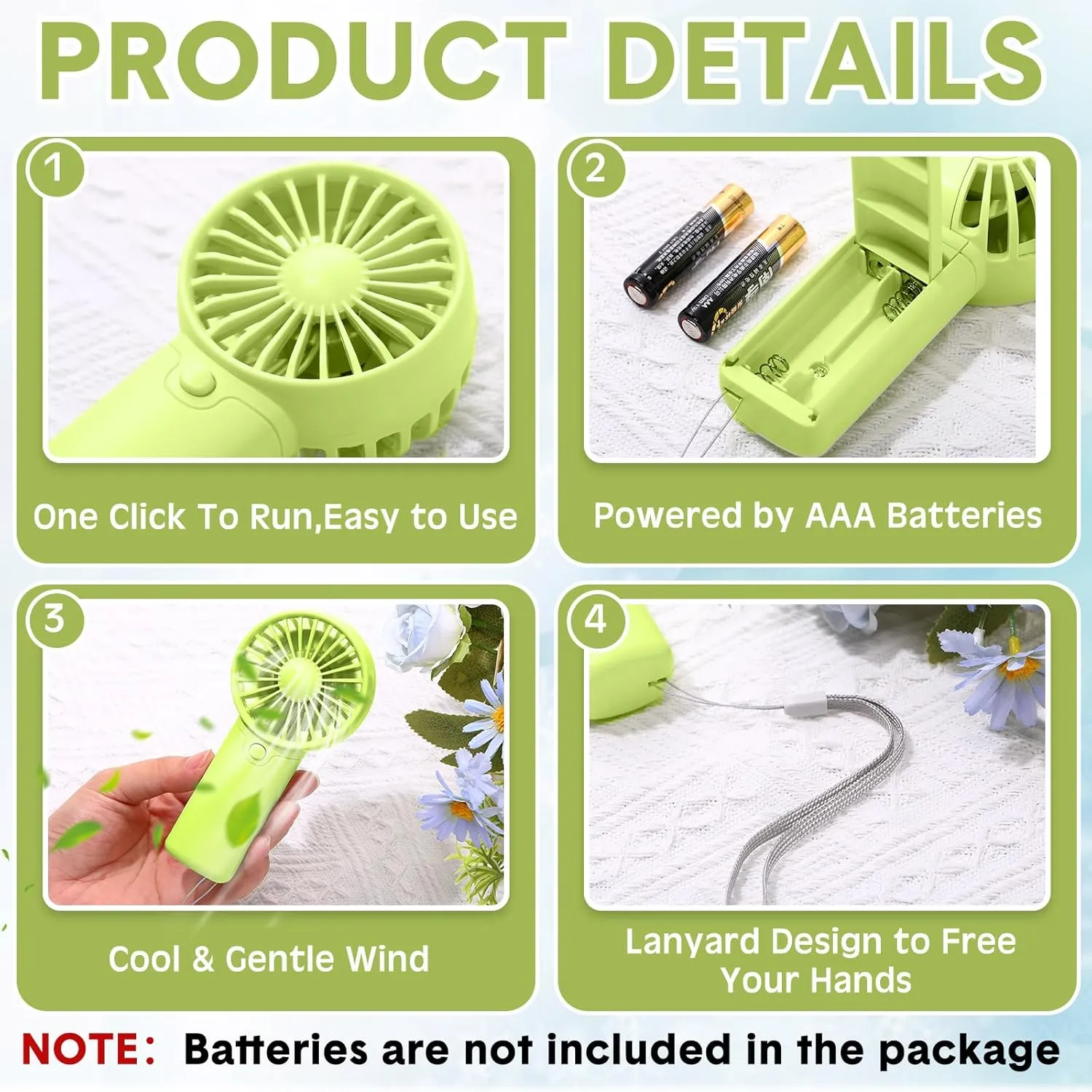 60 Pcs Mini Portable Fan Handheld Battery Operated Portable Small Personal Fans for Summer Travel Beach Indoor Outdoor Cooling Gift (Green,Pink,White,Blue,Black,Purple)