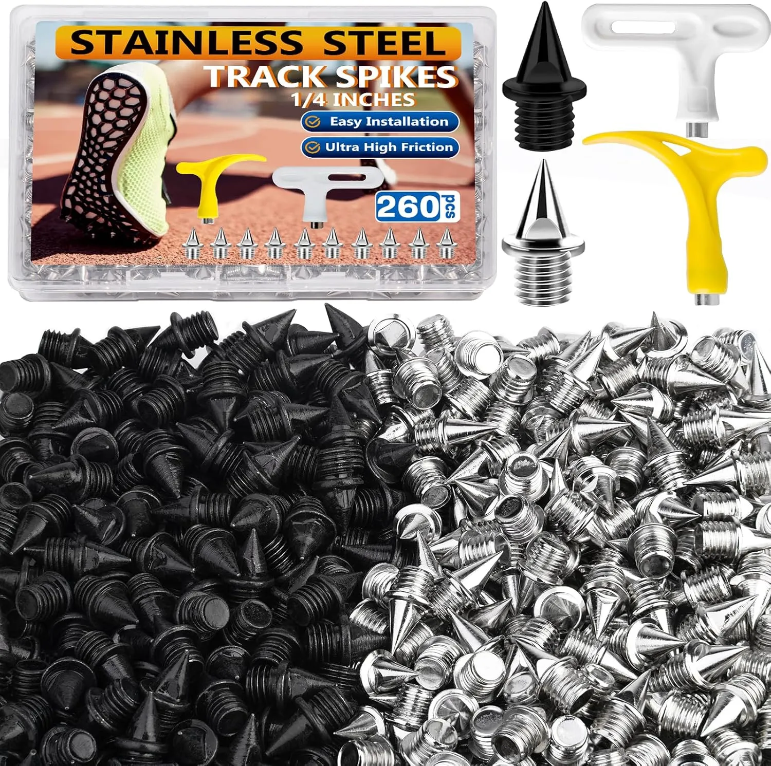 80/260 Pcs 1/4 Inch Track Spikes, Stainless Steel Track and Cross Country Spikes with Spike Wrench, Replacement Spikes for Sprint Sports Short Running Climbing Track Shoes