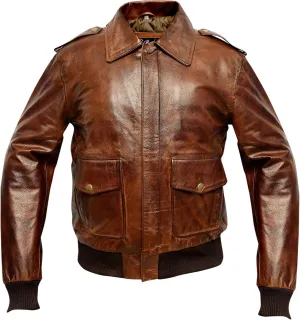 A2 Waxed Distressed Brown Real Cowhide Leather Bomber Flight Jacket