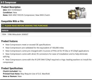 A/C Compressor - with Clutch - Compatible with 1994-1996 Mitsubishi 3000GT
