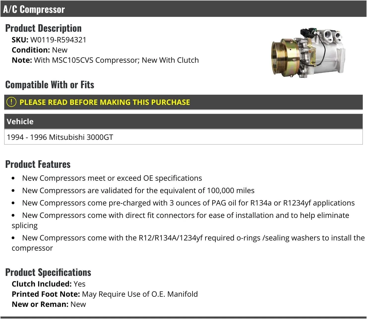 A/C Compressor - with Clutch - Compatible with 1994-1996 Mitsubishi 3000GT