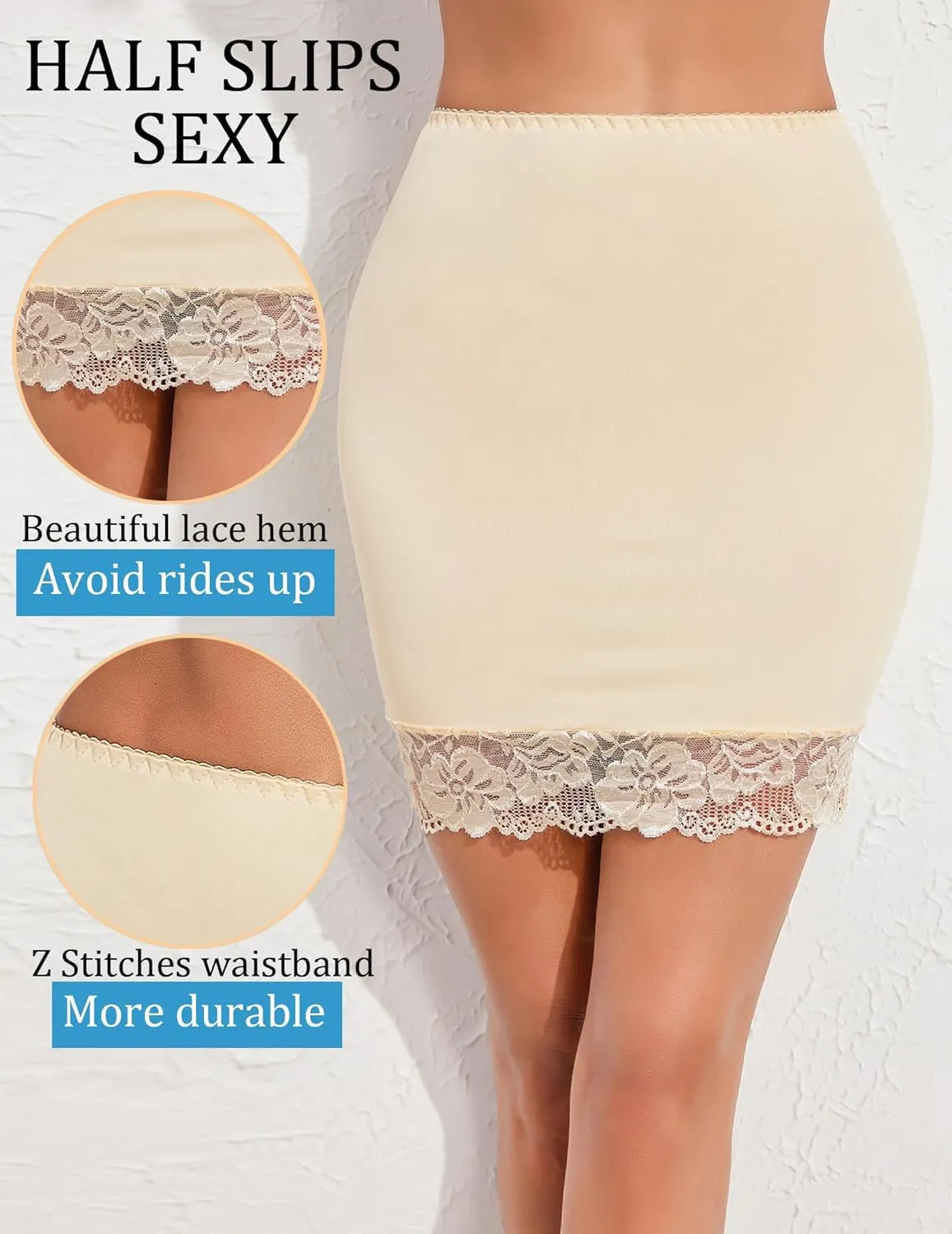 ADOME Women's Adjustable Waist Half Slip Short Underskirt Lace Hem Lingerie