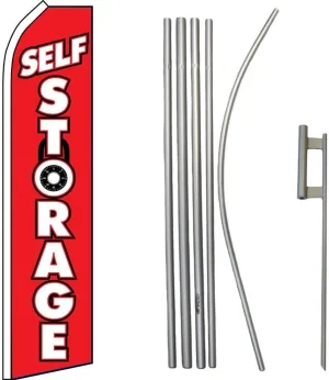 AES Self Storage Lock Red/White Swooper Super Flag & 16ft Flagpole Kit/Ground Spike